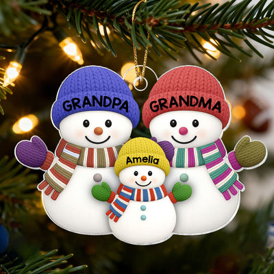Christmas Grandma Grandpa And Grandkid Snowman Together - Personalized Acrylic Ornament