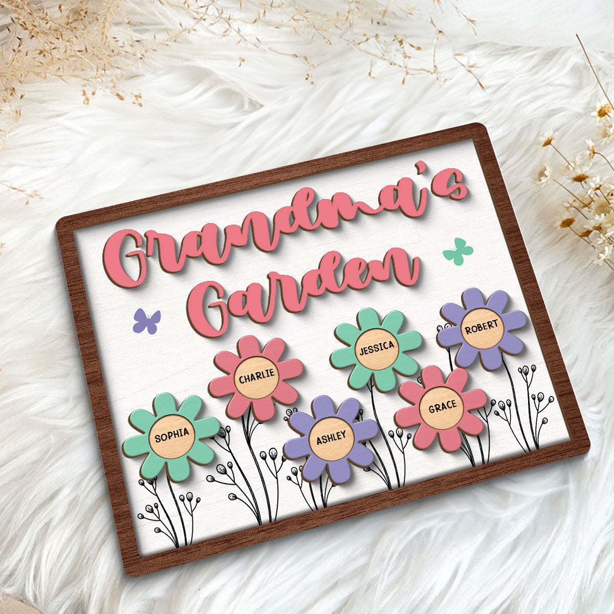 Grandma Mom Garden Colorful Flowers Personalized 2-layer Wooden Plaque