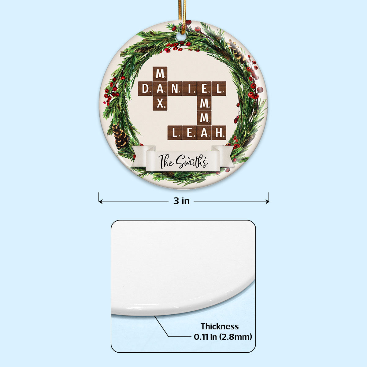Family Wreath Crossword Puzzle Personalized Ceramic Ornament, Christmas Tree Decor, Christmas Gift for Husband, Wife, Children
