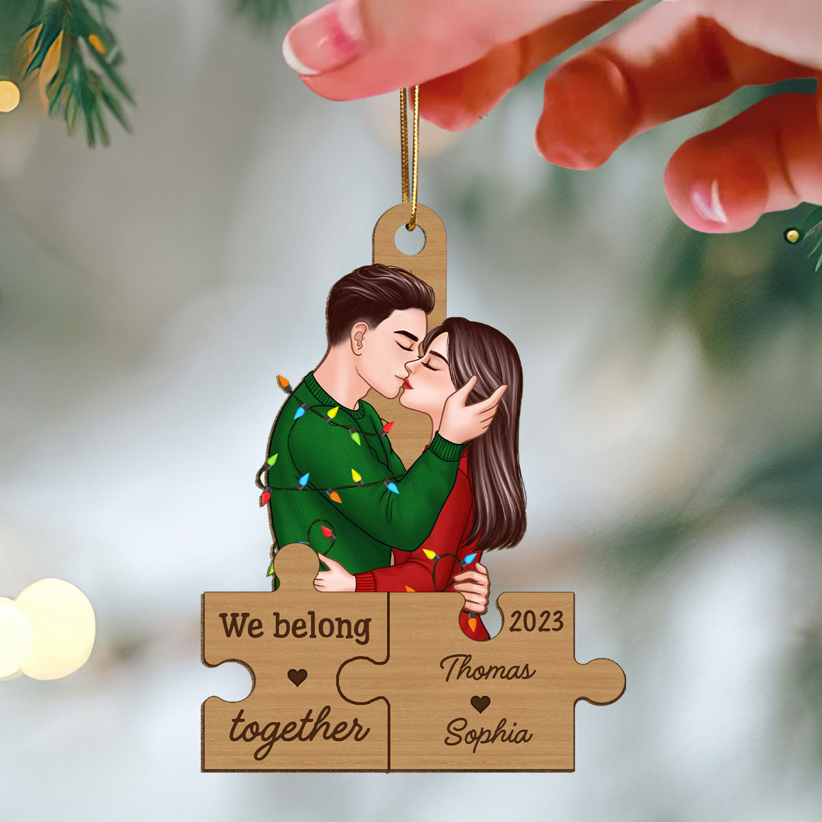 We Belong Together Romantic Couple Kissing Puzzle Pieces Personalized Wooden Ornament