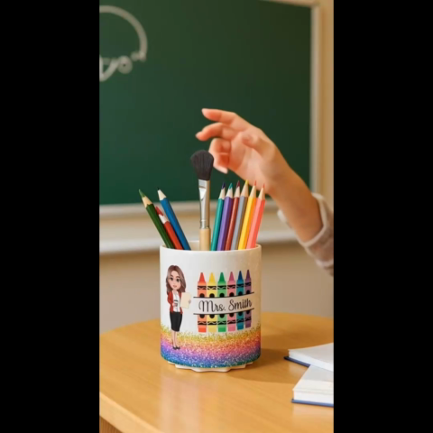 Teacher Crayon Glitter Texture Personalized Rotating Pen Holder, Teacher Appreciation Gift, Back To School Gift