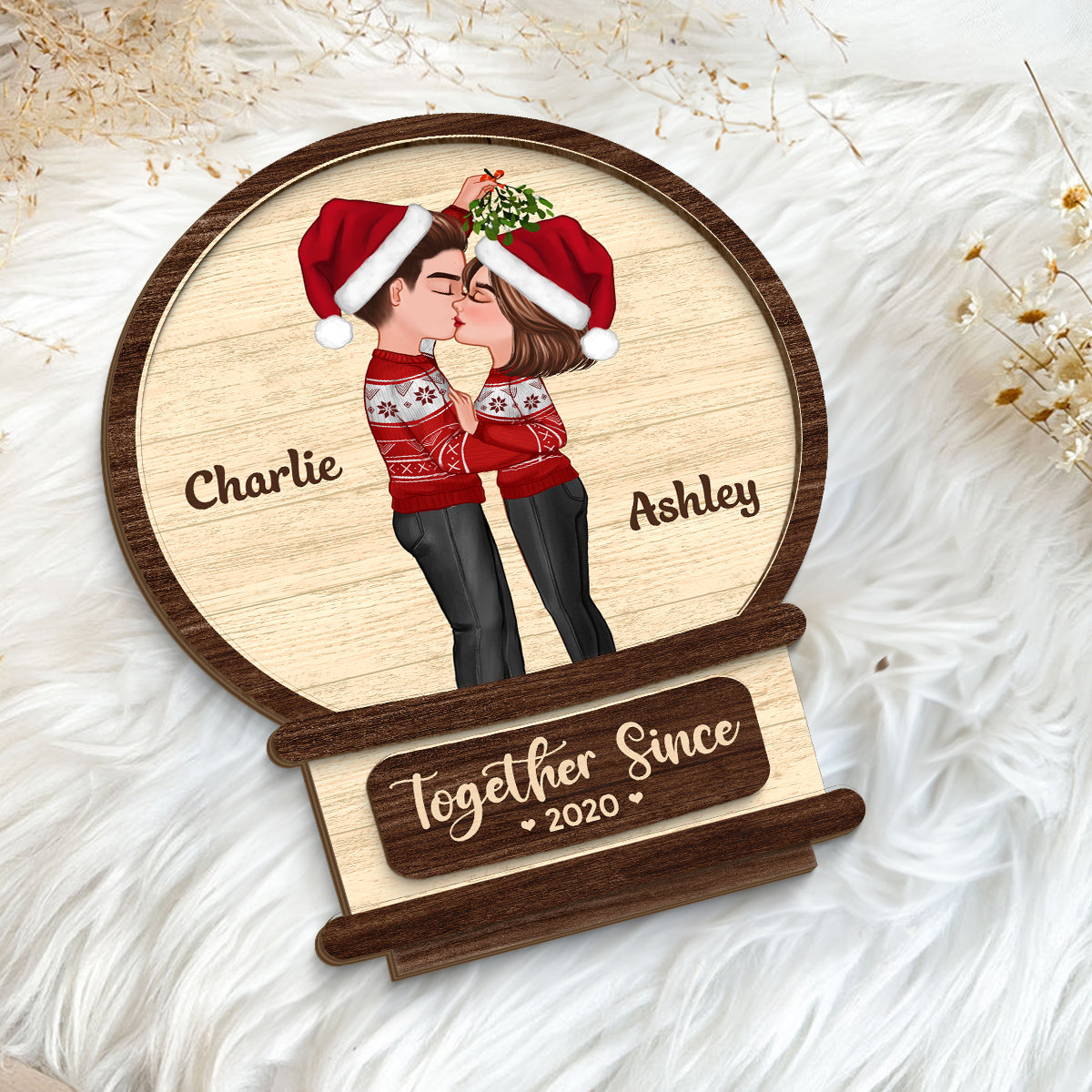 Couple Kissing In Snowball Personalized 2-Layer Standing Wooden Plaque, Christmas Gift For Him For Her
