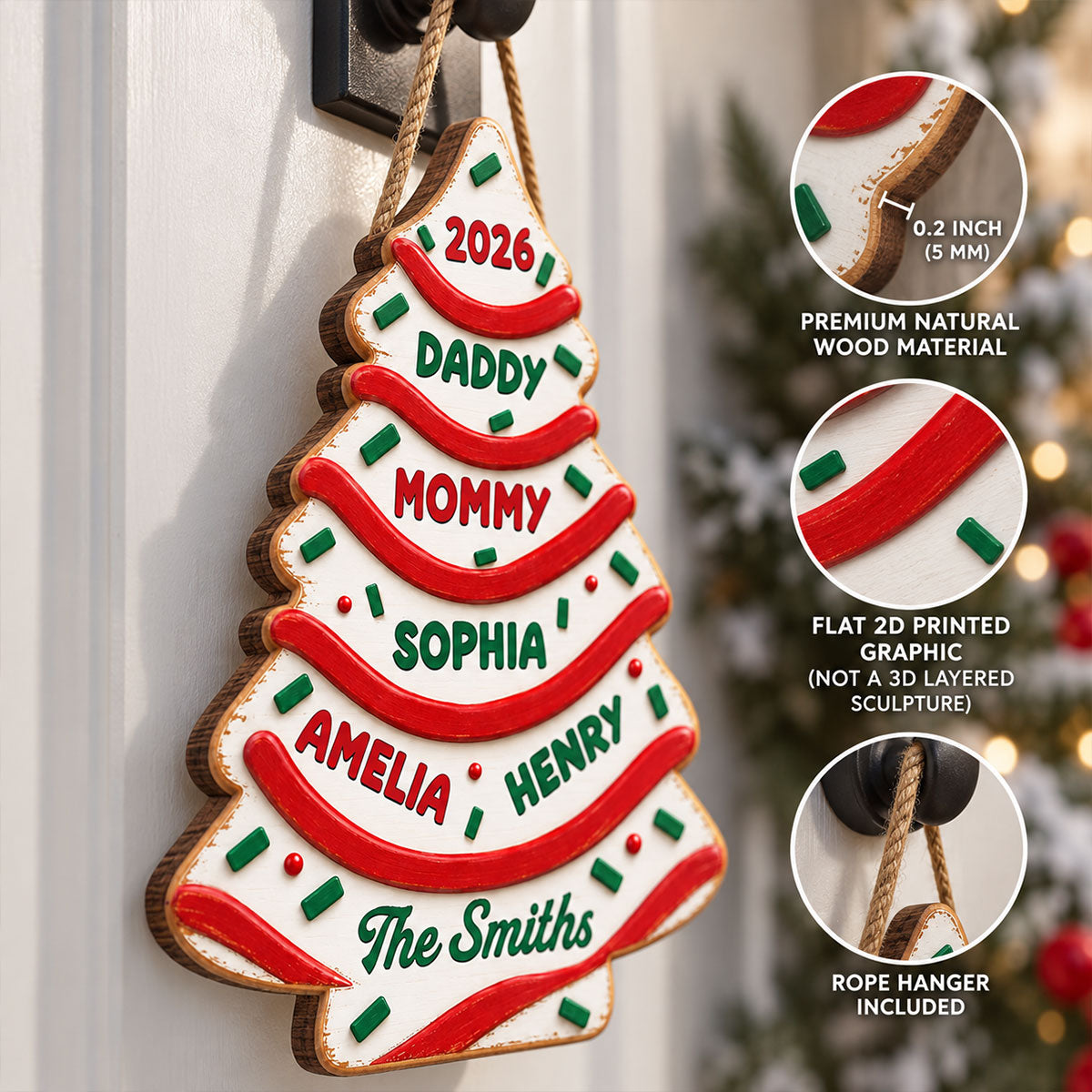 Custom Family Name Christmas Tree Cake - Personalized Wooden Door Sign - Christmas Decor