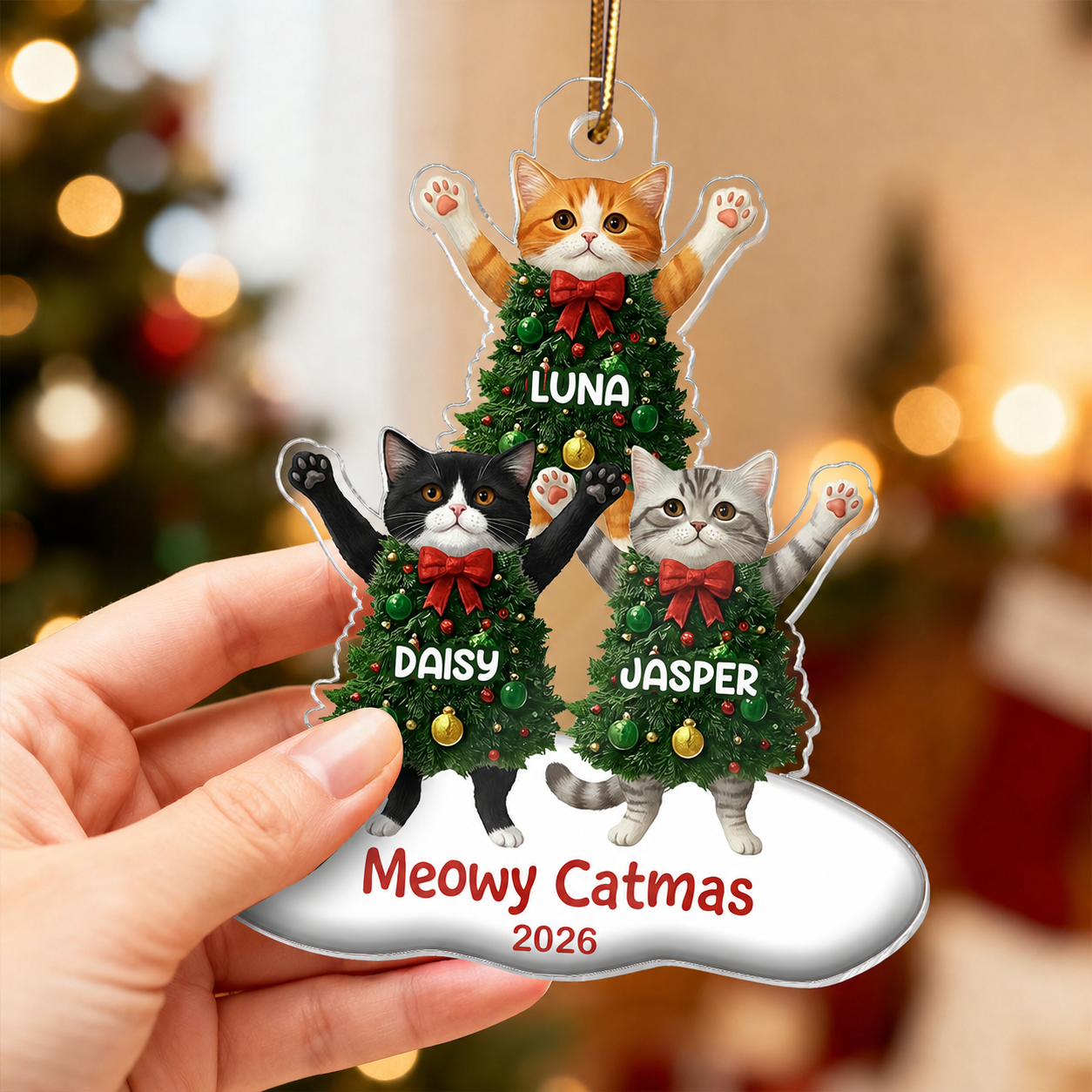 Whimsical Cat Christmas Tree - Personalized Acrylic Ornament - Gift For Cat Lover