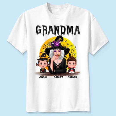 Halloween Moon Grandma Mom Witch With GrandKids Personalized Shirt