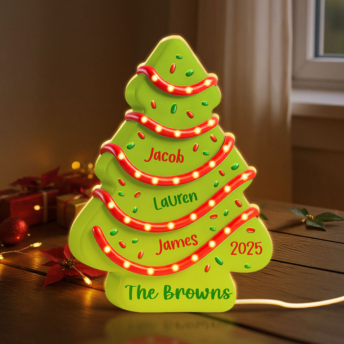 Family Names 3D Effect Christmas Tree Cake Personalized Light Box, Christmas Decor