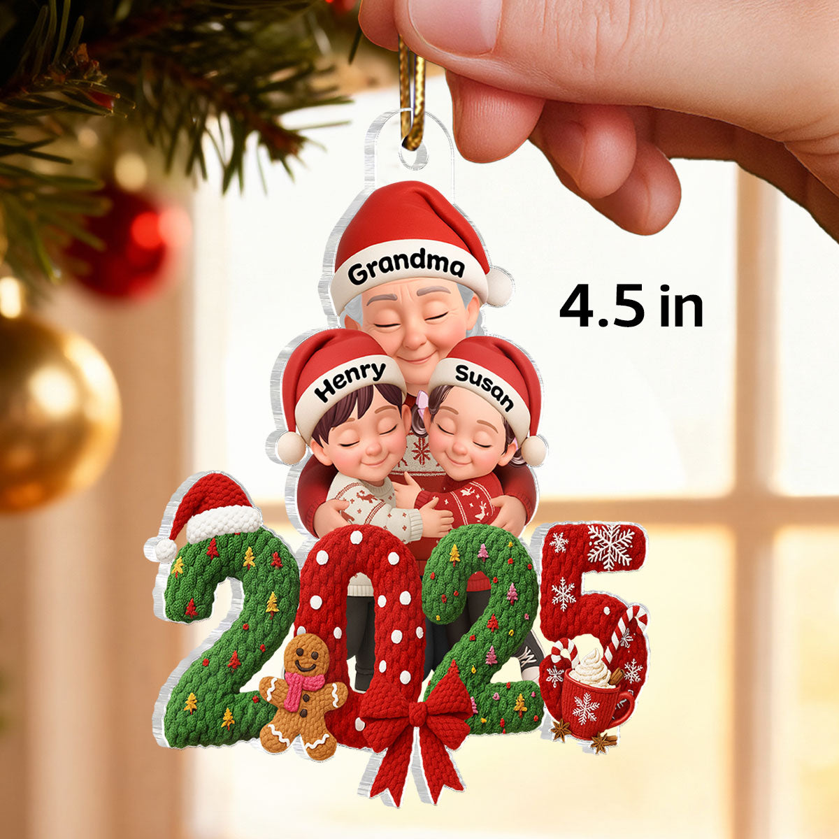 Grandma Hugging Grandkid 2025 Latch Hook Yarn Faux - Personalized Acrylic Ornament - Heartfelt Christmas Gift for Grandma, Grandkids