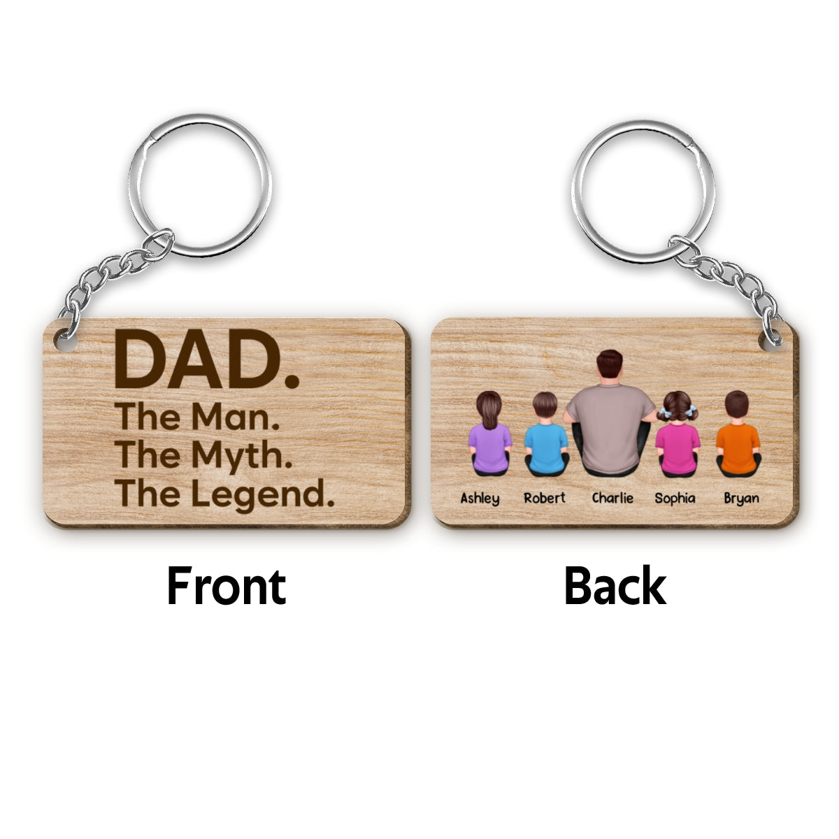 Dad Grandpa The Man The Myth Back View Man Kids Dog Cat Father‘s Day Gift For Dad Personalized Wooden Keychain