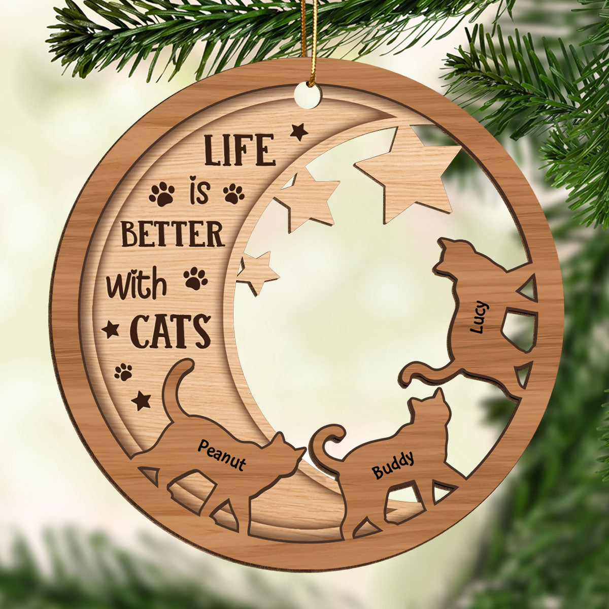 Cats Walking On Moon Personalized Wooden Ornament