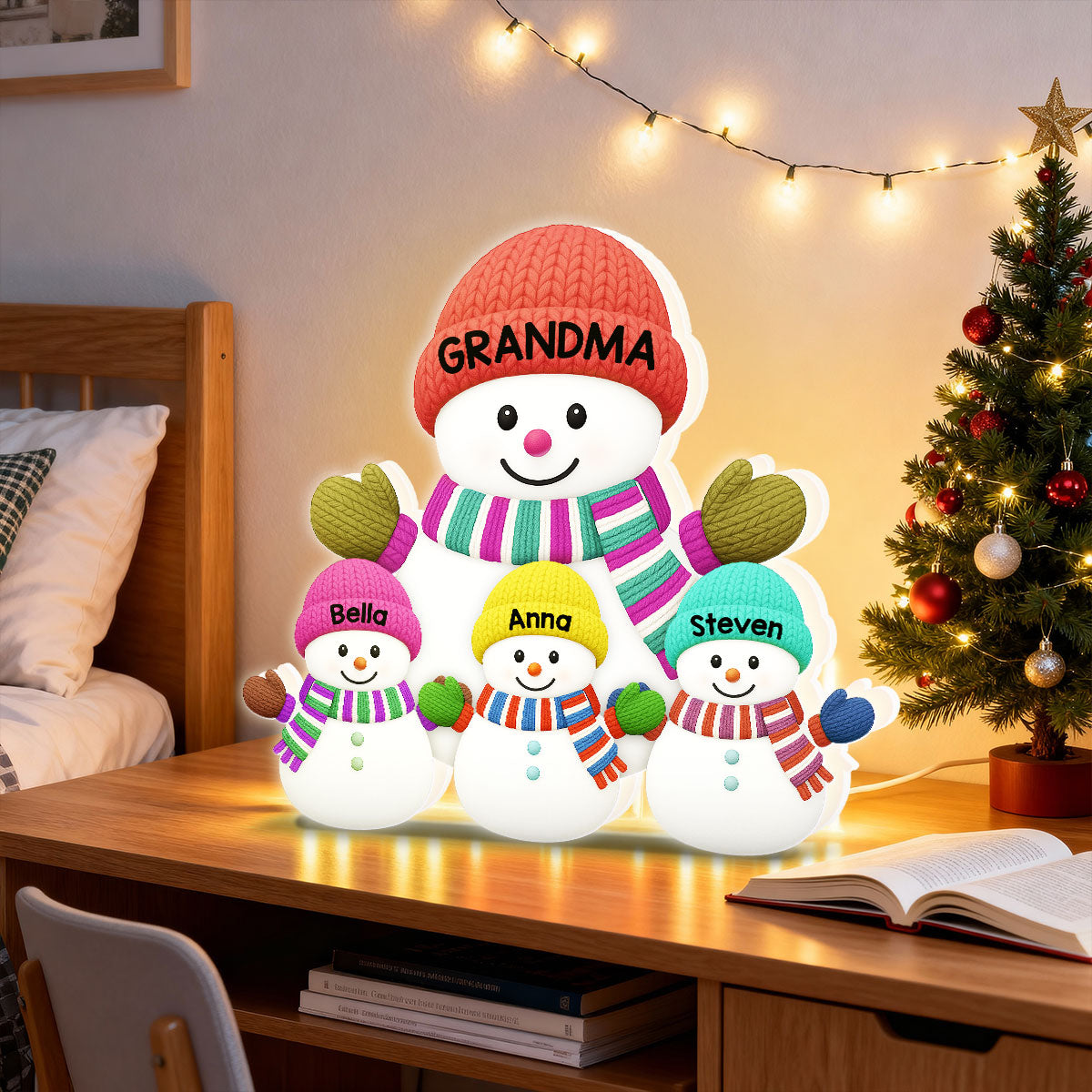 3D Effect Heartwarming Christmas Grandma Grandkids Snowman Together - Personalized Light Box - Gift For Grandmas