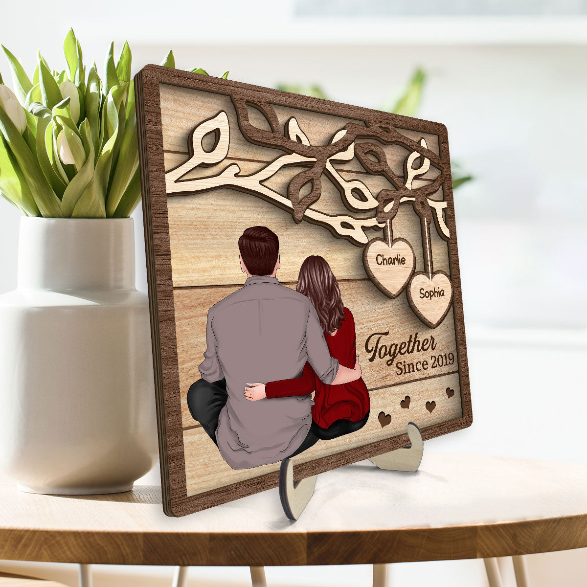 Back View Couple Sitting Under Tree Personalized 2-Layer Wooden Plaque
