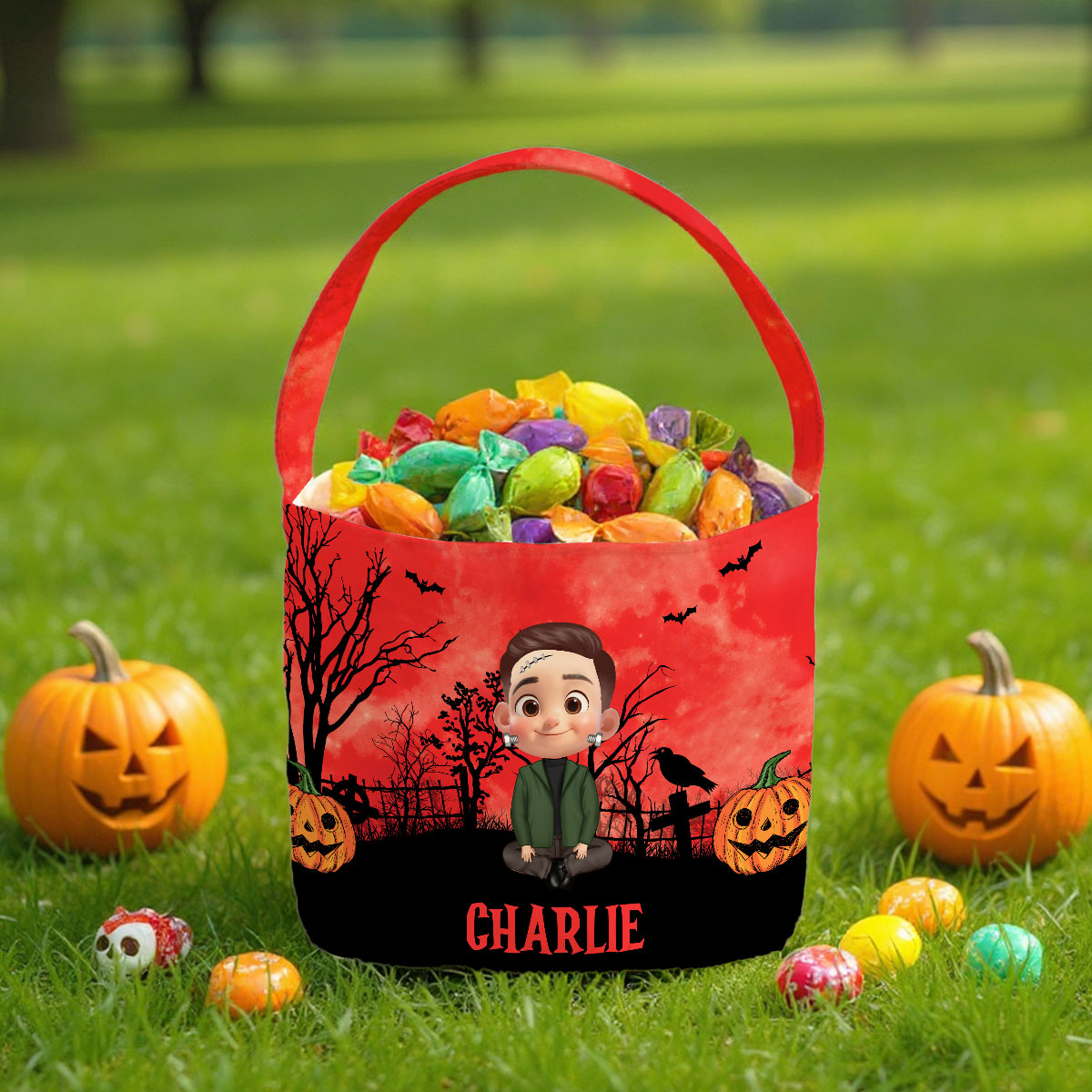 Halloween 3D Background Cartoon Kids Personalized Trick or Treat Basket