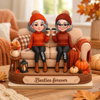 Besties Sitting On Pumpkin Spice Latte 2D Flat - Personalized Wooden Plaque - Cozy Fall Gift