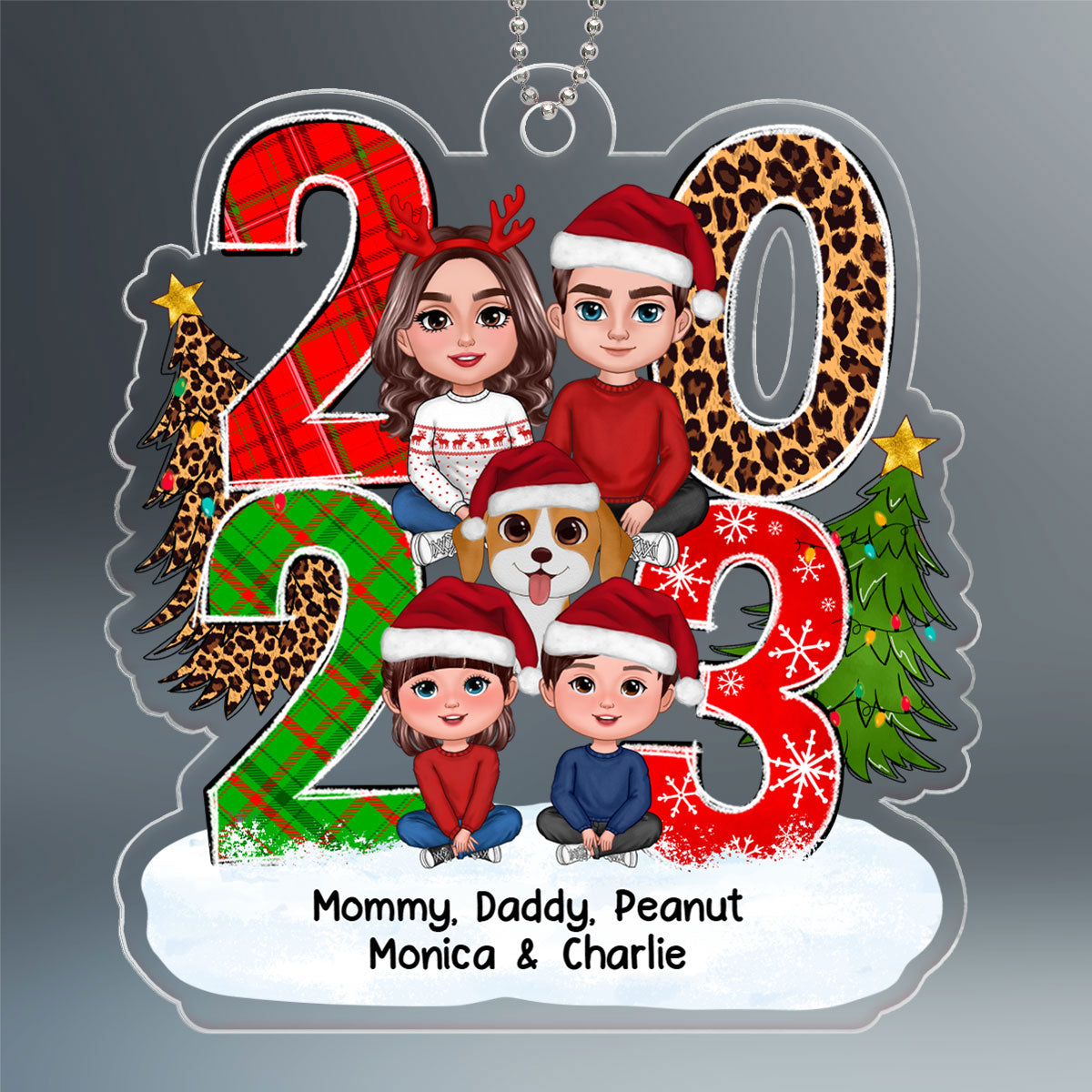 Christmas Family Sitting Crossed Legs 2023 Stacked Pattern Personalized Acrylic Ornament