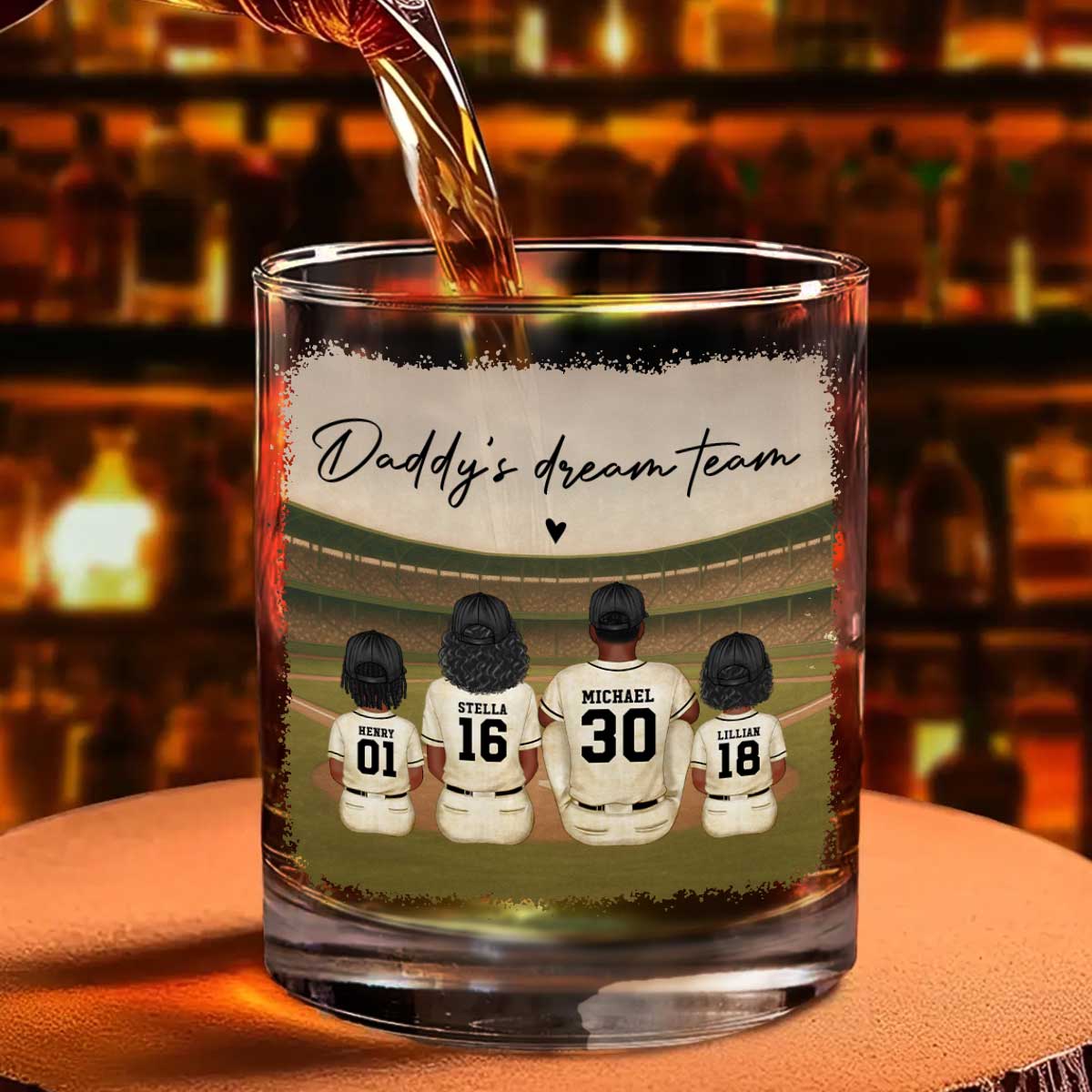 Retro Vintage Baseball Daddy's Dream Team Personalized Wine Glass, Whiskey Glass, Gift For Dad
