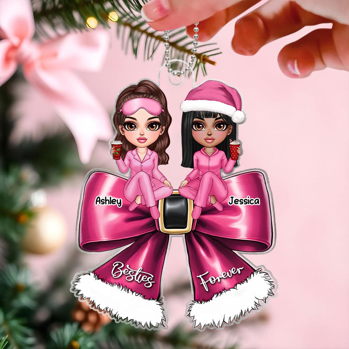 Christmas Coquette Bow Best Friends Personalized Acrylic Ornament, Christmas Gift For Besties