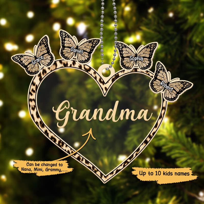 Grandma Heart Butterflies Grandkids Personalized Christmas Acrylic Ornament