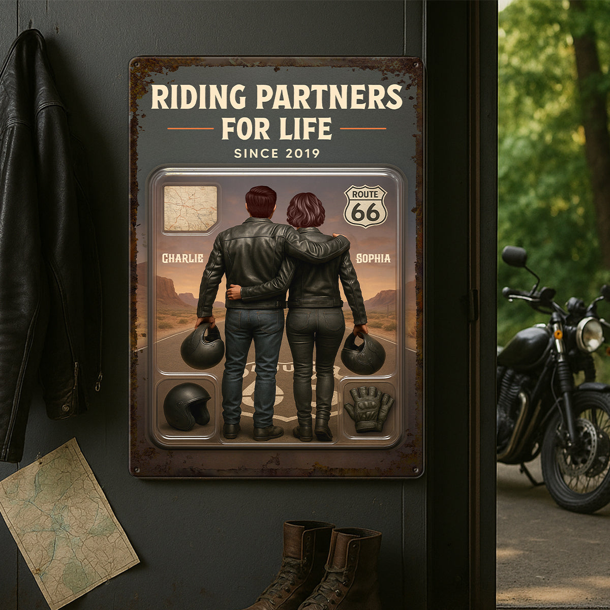 3D Effect Custom Figure Couple Bikers Riding Partners For Life Personalized Metal Sign