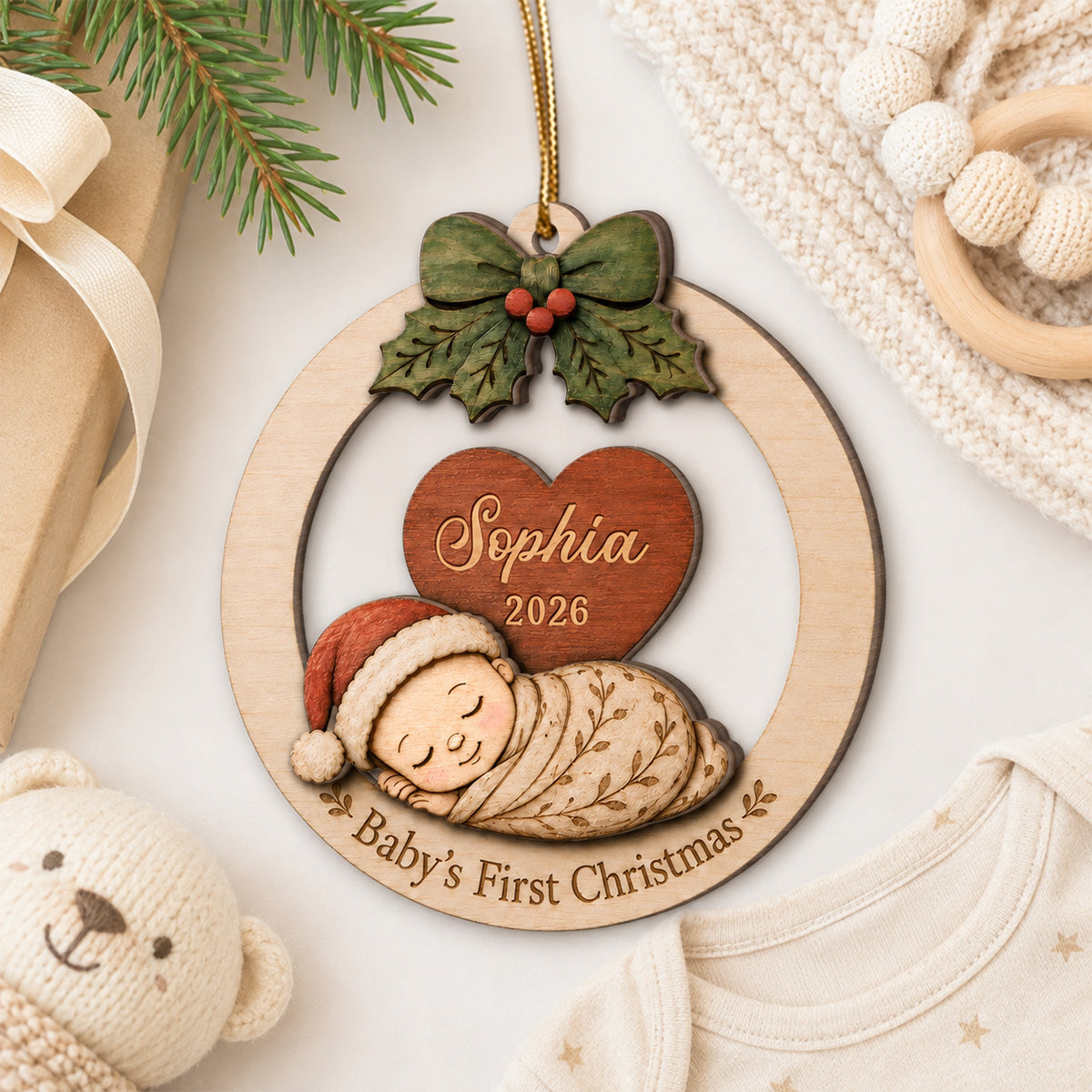 Baby's First Christmas Baby Sleeping - Personalized 2-Layered Wooden Ornament - Baby's 1st Christmas Keepsake