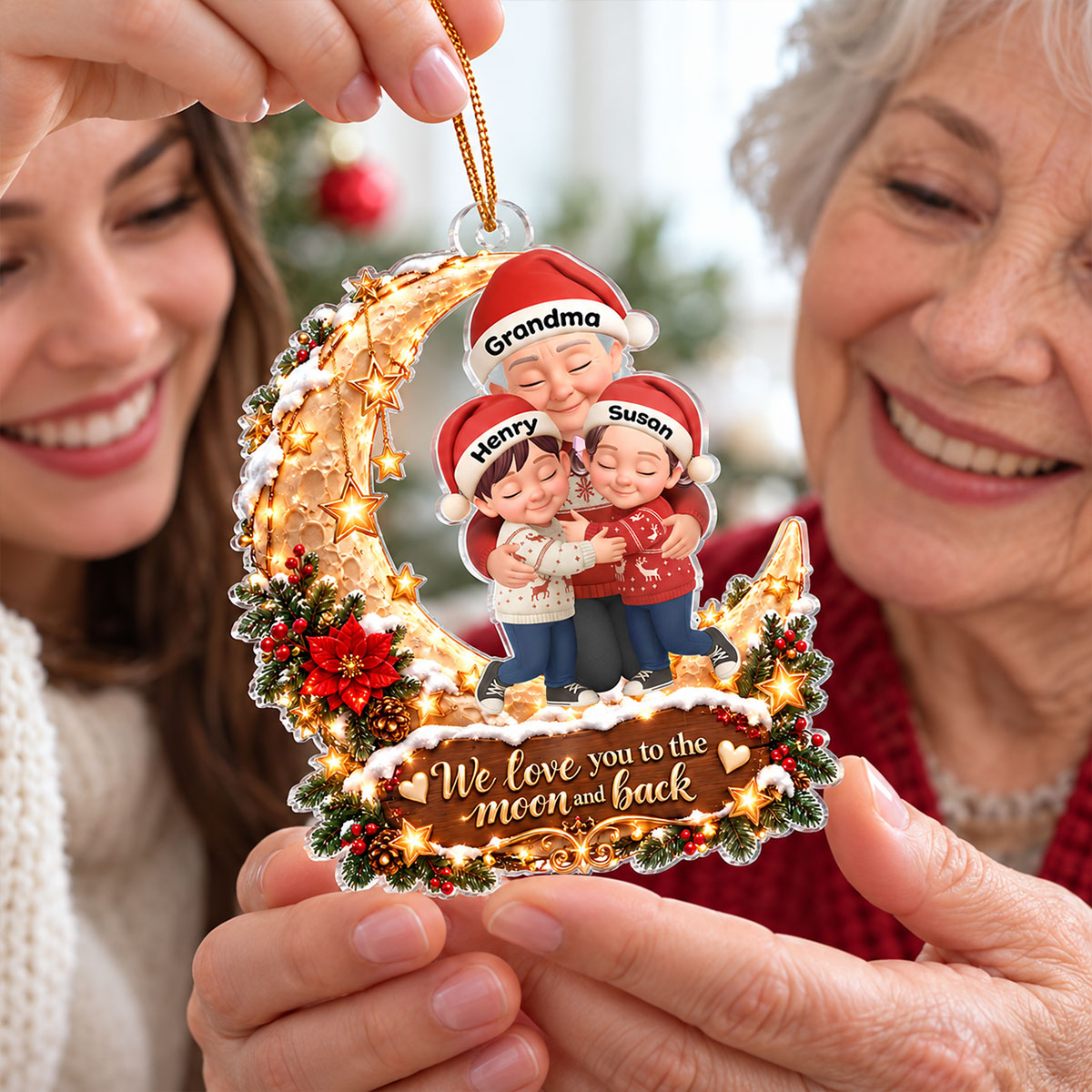 Grandma Grandkid Hugging on Moon - Personalized Acrylic Ornament - Christmas Gift for Grandma, Grandkids