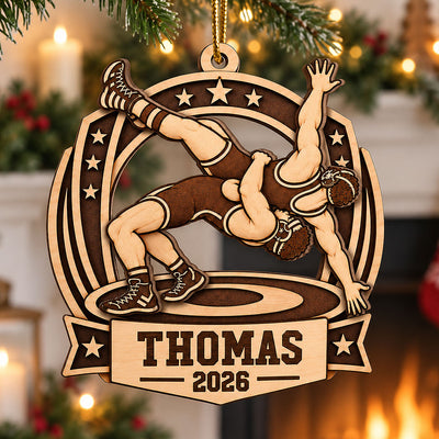 Wrestling Champion Custom Name - Personalized 2-Layered Wooden Ornament - Gift For Son, Wrestling Keepsake, Wrestling Lovers Gift