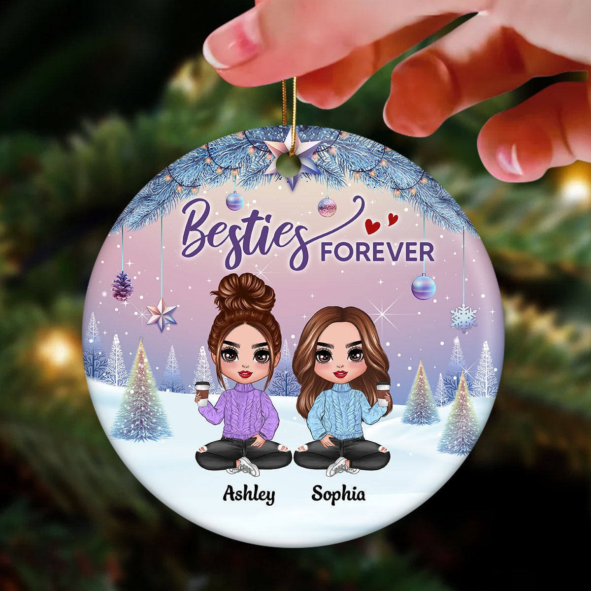 Gradient Background Christmas Besties Sisters Personalized Circle Ornament