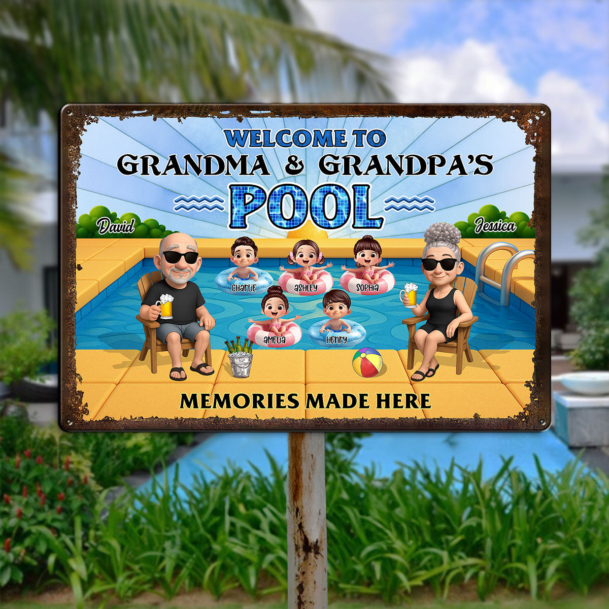 Grandparents Sitting with Grandkids Personalized Metal Sign, Grandparents Hosting Grandkids Summer Swimming Pool Sign