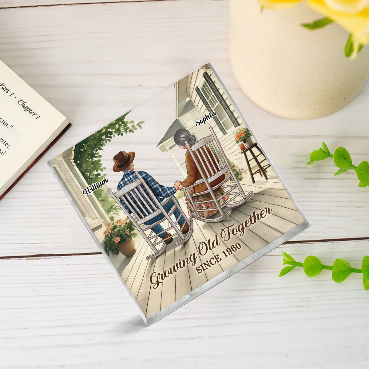 Old Couple Sitting On The Porch Personalized Square Acrylic Block Plaque, Heartfelt Gift For Couple, For Him, For Her, Husband, Wife