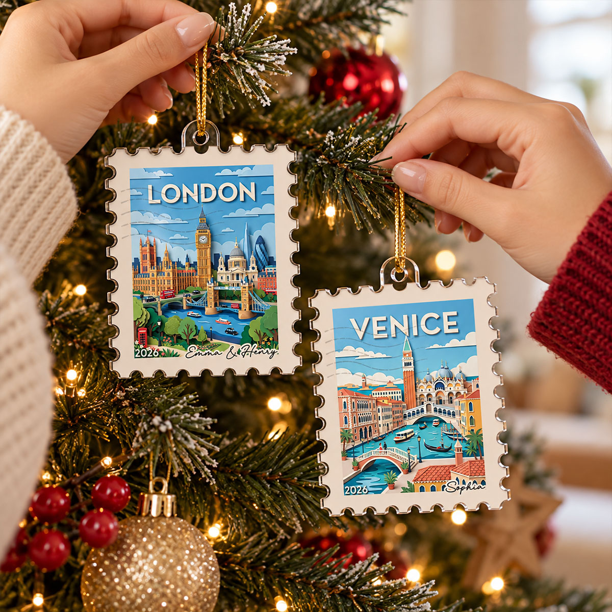 Any City Landscape Stamp - Personalized Acrylic Ornament - Travel Keepsake For Travel Lover