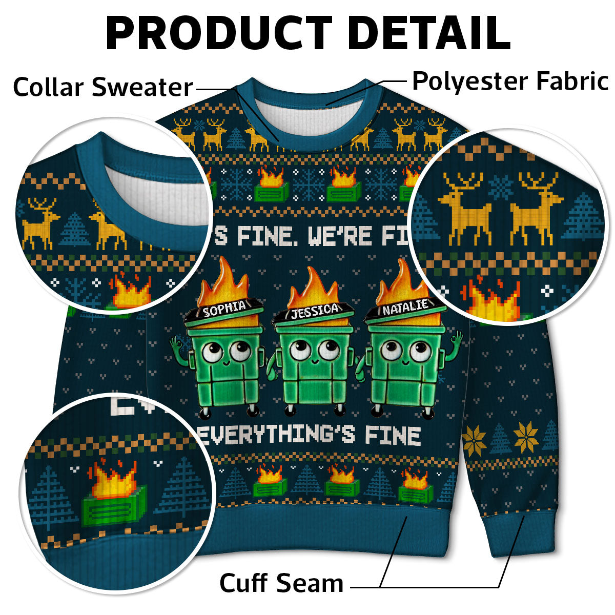 I'm Fine Everything Is Fine Dumpster Fire Funny Office Staff - Personalized Faux Knitting Ugly Sweater - Christmas Costume