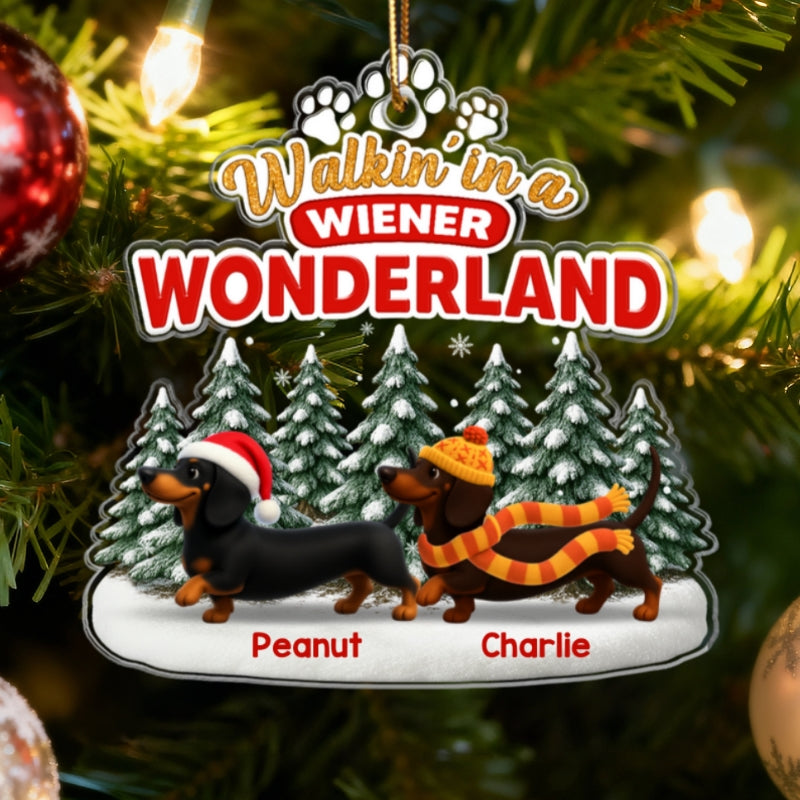 3D Effect Dachshunds Walking In A Wiener Wonderland - Personalized Acrylic ornament