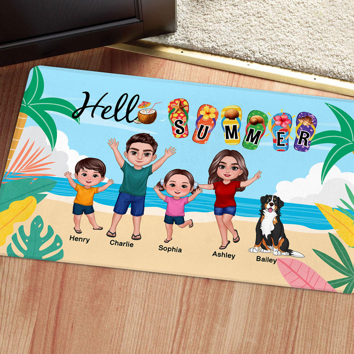 Hello Summer Beach Landscape Family Personalized Doormat, Summer Decoration