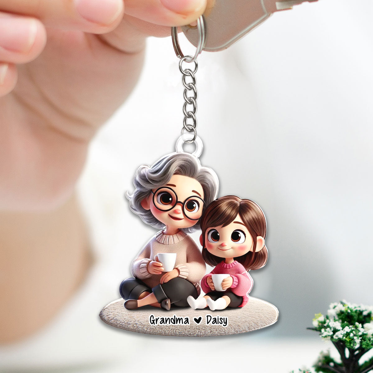 Happy Grandma & Grandkid Sitting Personalized Acrylic Keychain, Perfect 2025 Gift For Mom, For Grandma