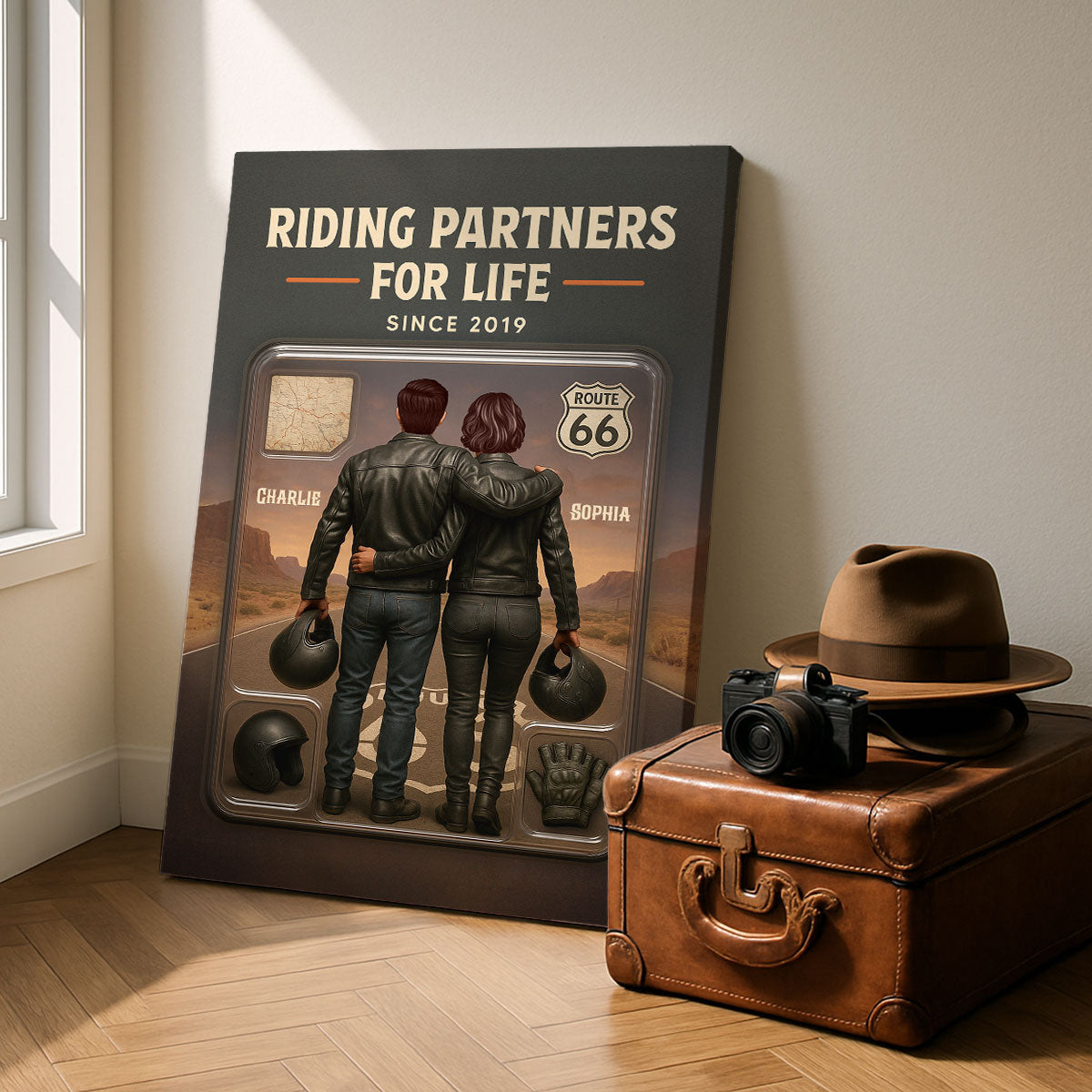 3D Effect Custom Figure Couple Bikers Riding Partners For Life Personalized Wrapped Canvas