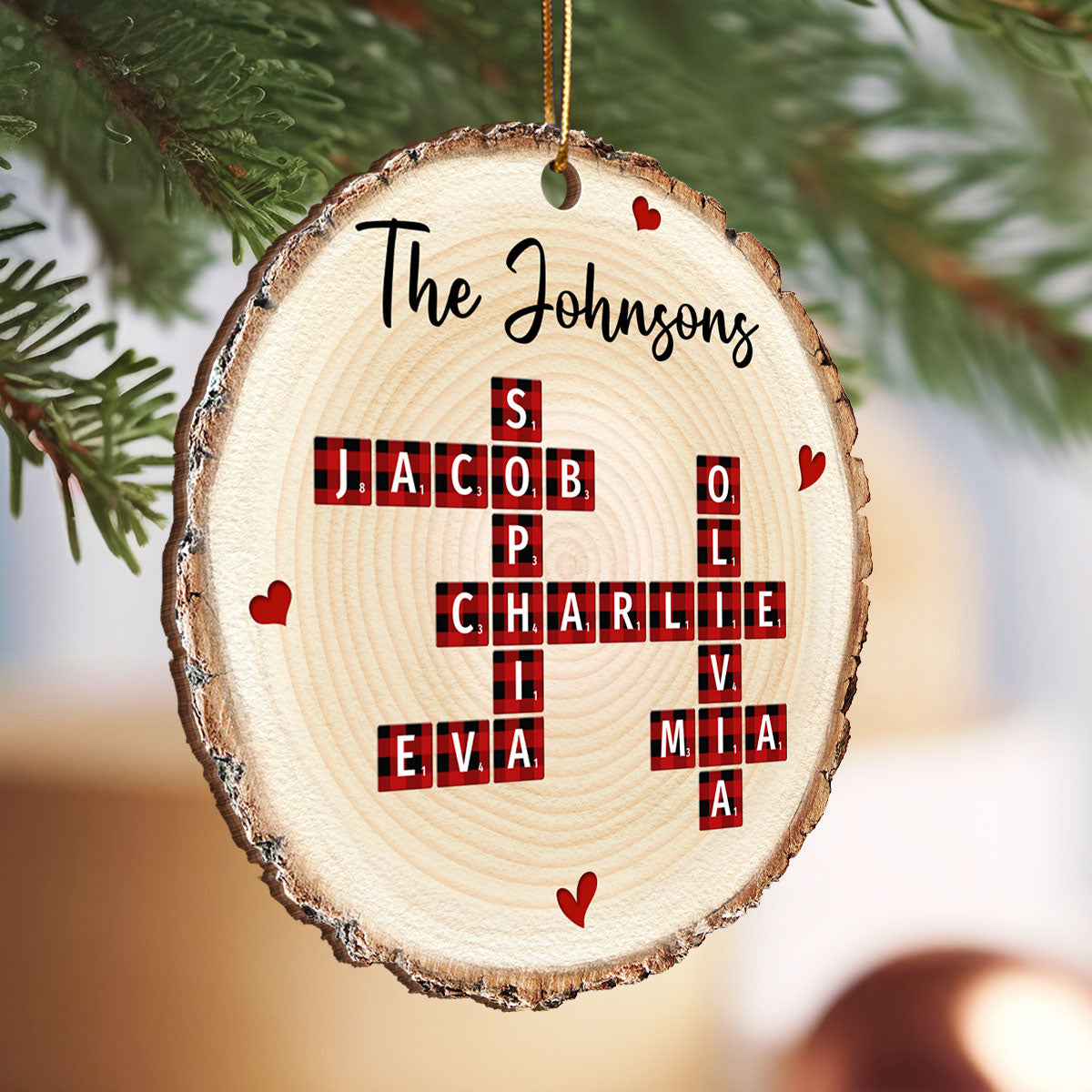 Family Unique Crossword Art Puzzle Checkered Pattern Personalized Wooden Ornament