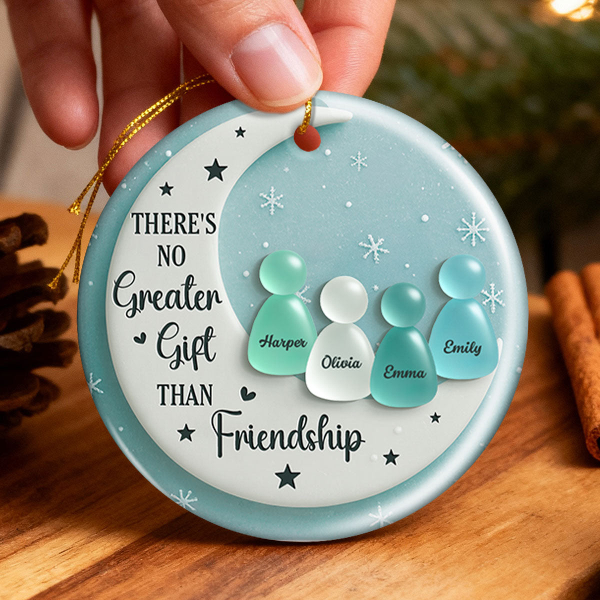 3D Sea Glass Effect Besties On Moon - Personalized Ceramic Ornament With Acrylic Pieces - Unique Gift For Best Friends