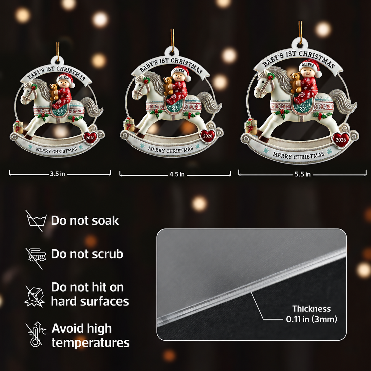 Baby First Christmas Newborn On Horse Keepsake 3D Effect Personalized Acrylic Ornament