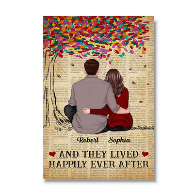 Vintage Newspaper Pattern Colorful Tree Back View Couple Sitting Personalized Vertical Poster