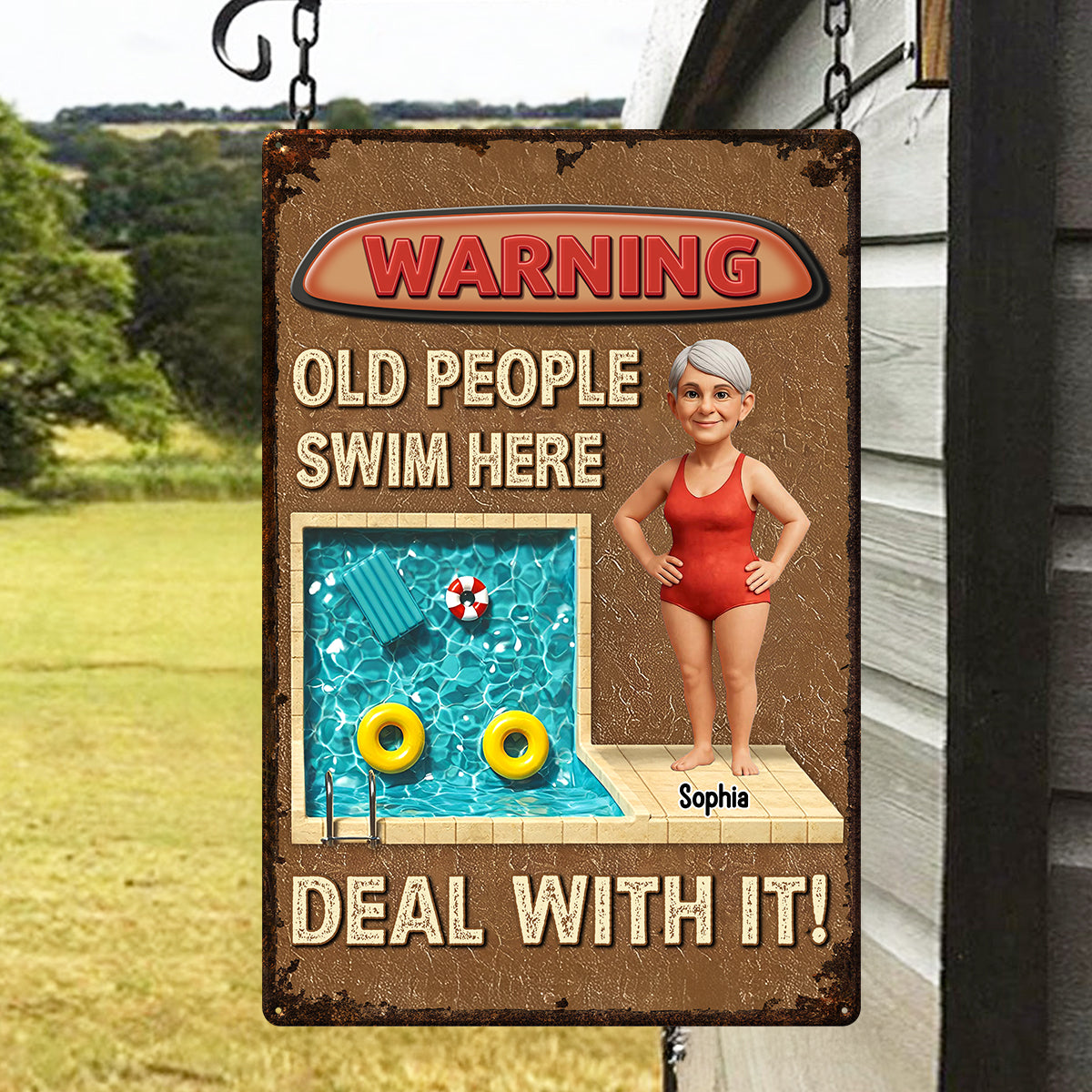3D Effect Warning Old People Swim Here Funny Summer Decor Personalized Metal Sign