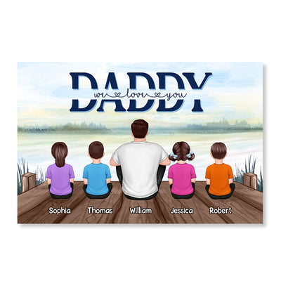 Dad And Kids Sitting Back View Lake Personalized Horizontal Poster