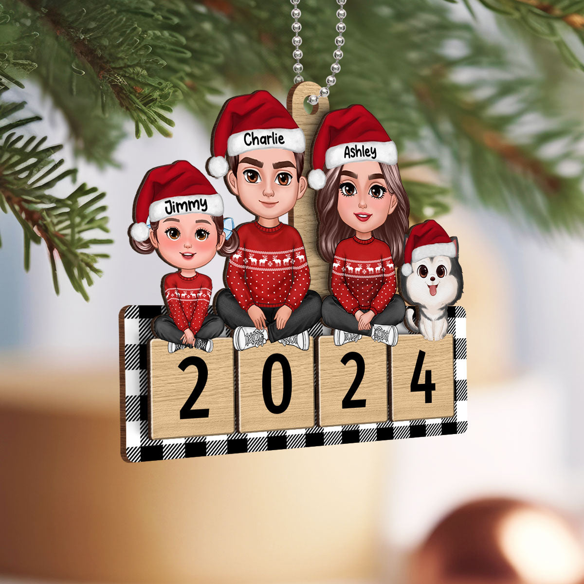 Checkered Pattern Family Sitting On 2024 Puzzle Personalized Wooden Ornament