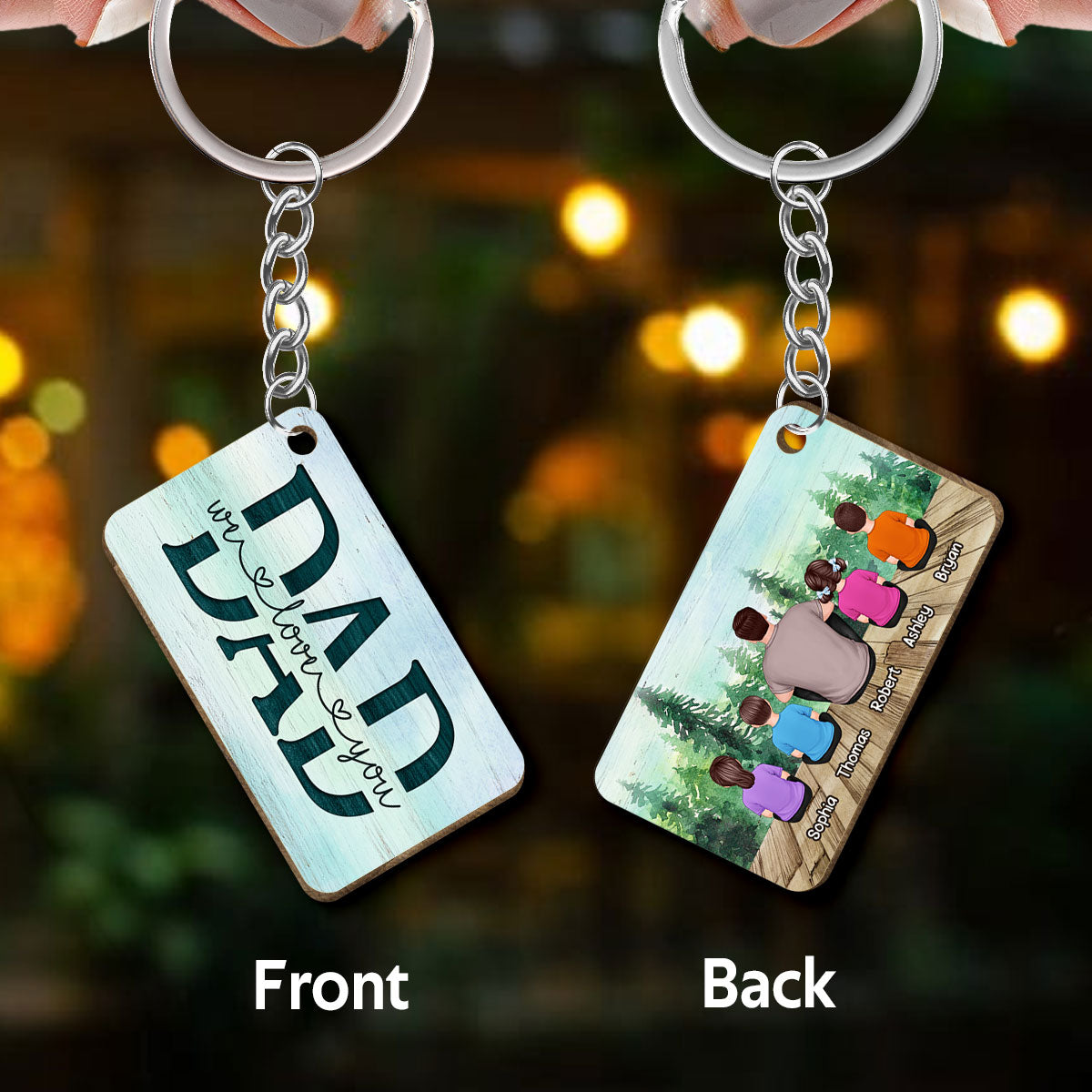 Dad And Kids Back View Sitting Forest Personalized Wooden Keychain