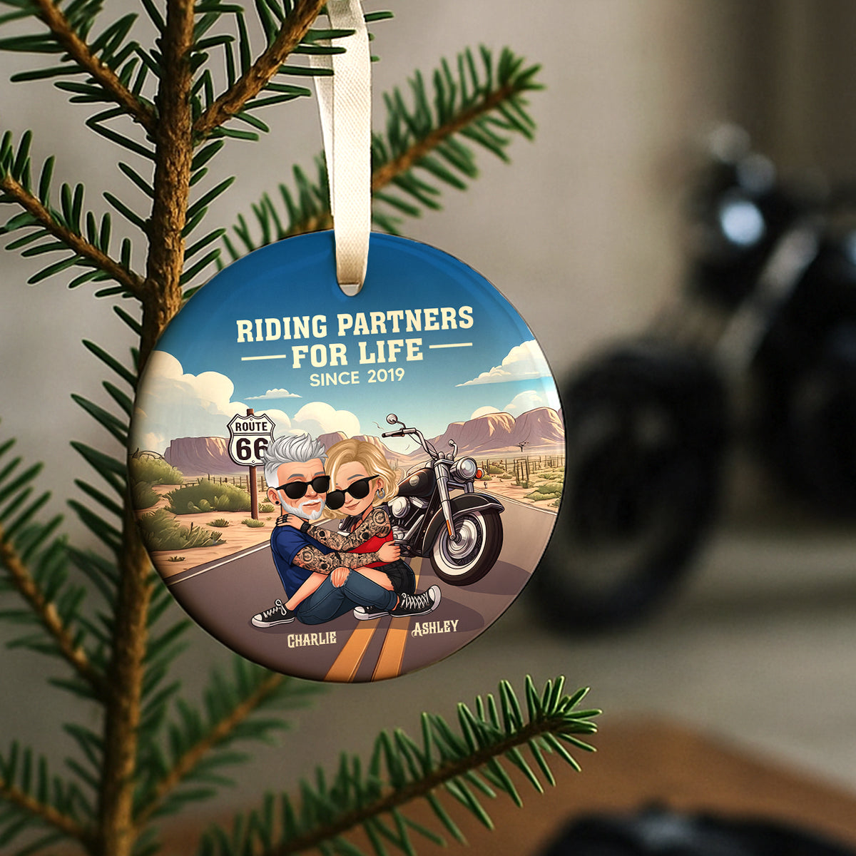 Bikers Couple Riding Partners for Life Personalized Ceramic Ornament, Gift for him, Gift for her