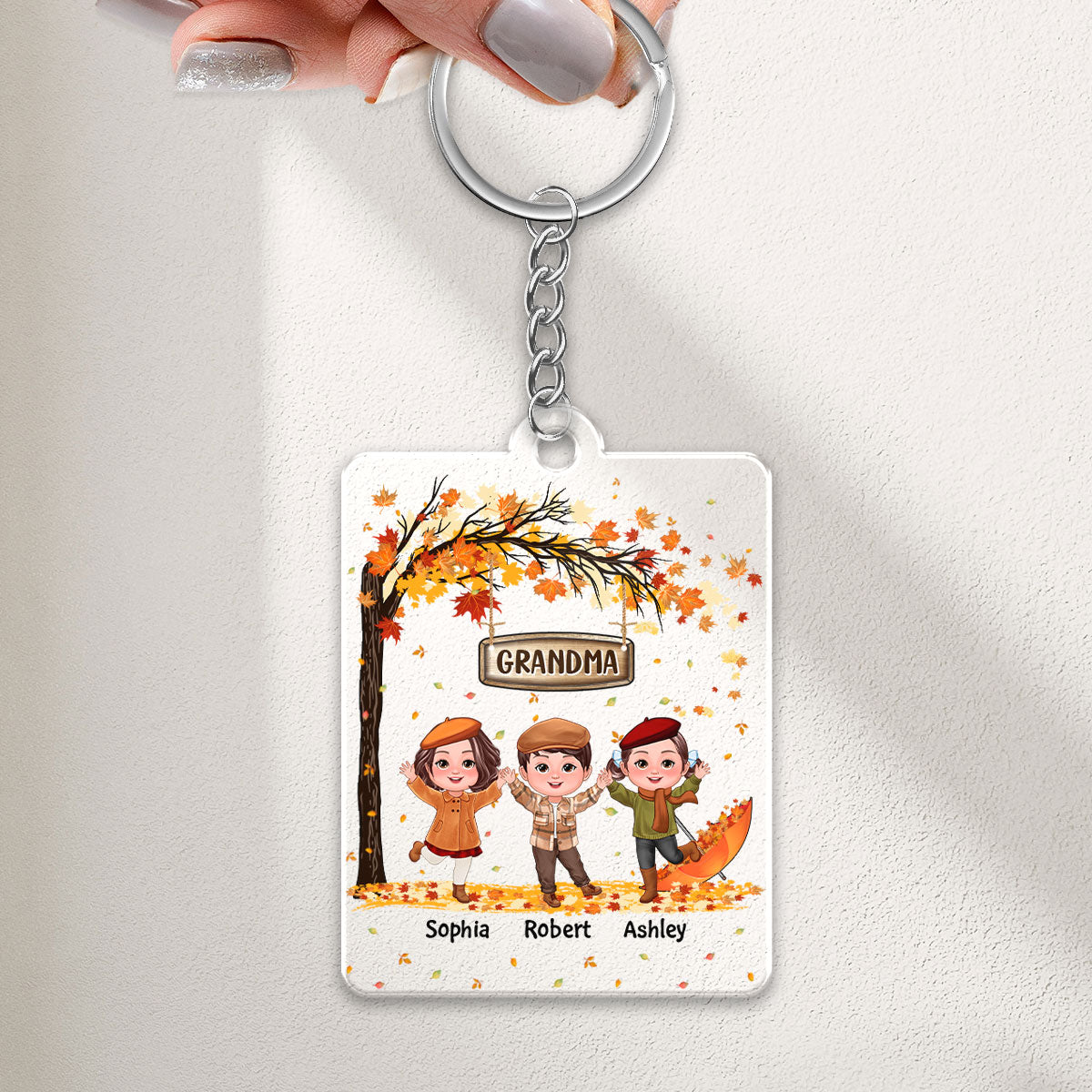 Fall Season Kids Playing Under Tree Personalized Acrylic Keychain
