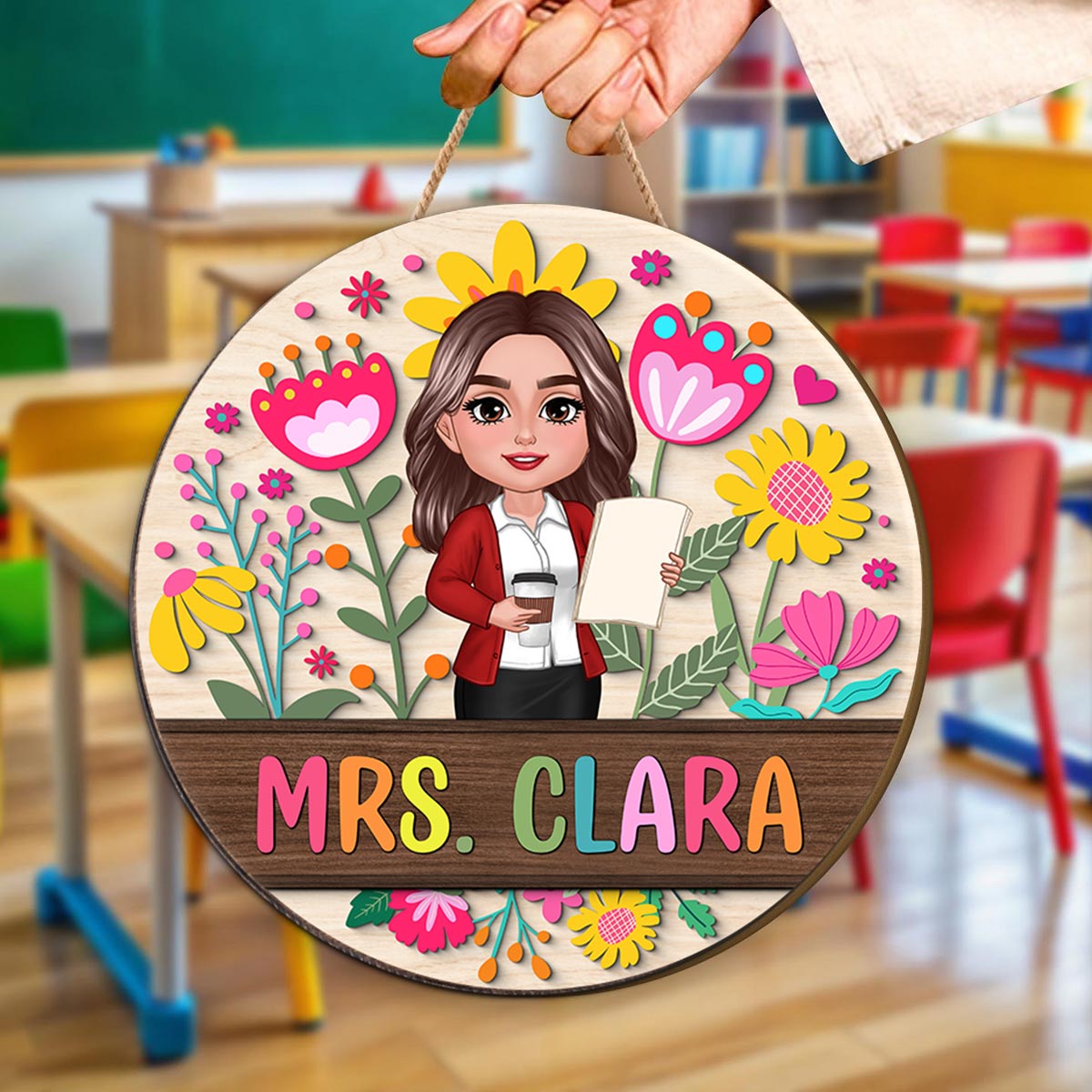 Teacher Flower Pattern Personalized Wood Sign| Back To School Gift For Teachers, Classroom Decoration