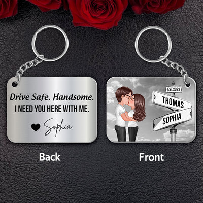 Drive Safe Couple Kissing Vintage Crossroads Street Sign Personalized Metal Keychain, Anniversary  Gift For Him, Boyfriend, Husband