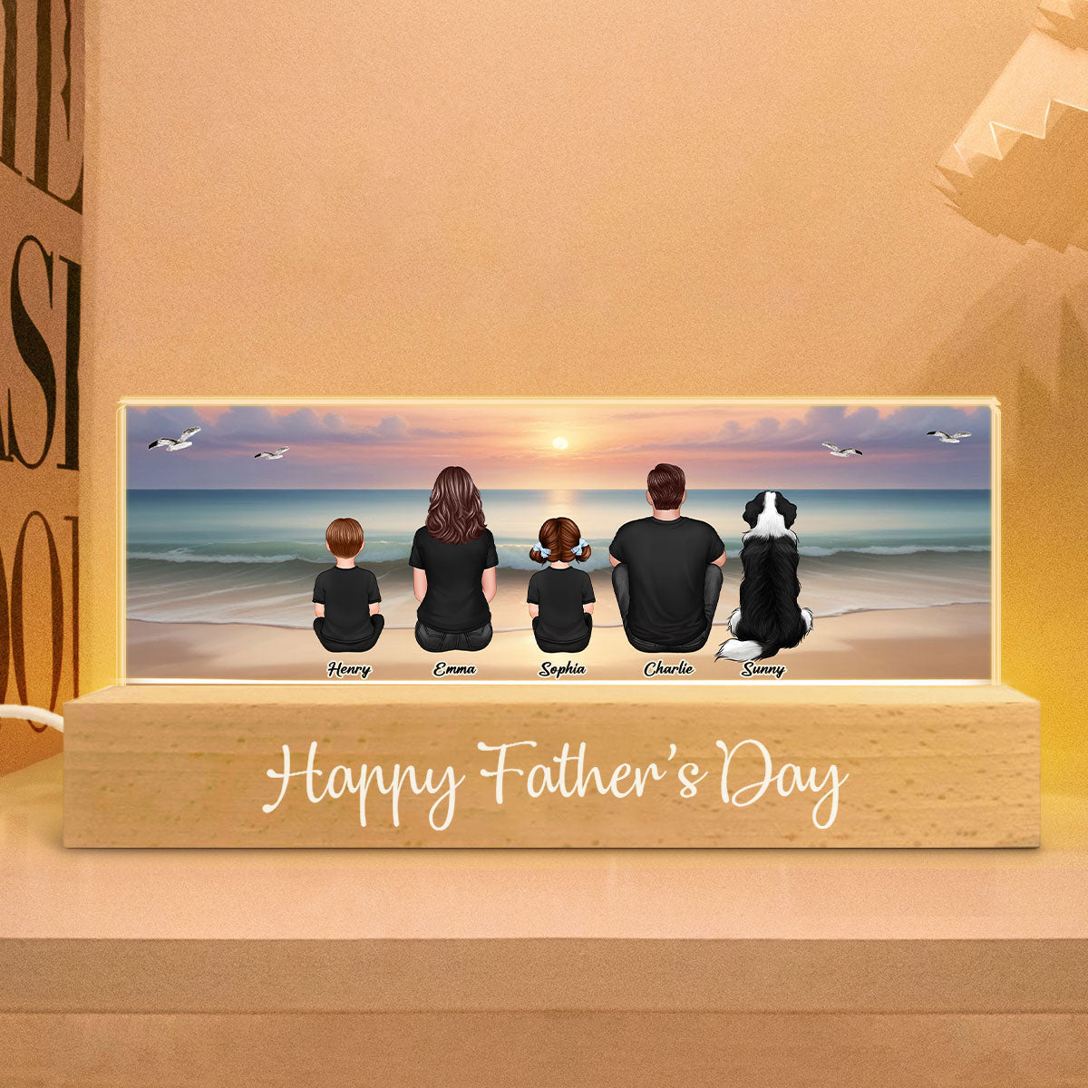 Eternal Family Love Beach Landscape - Personalized Acrylic Block Plaque LED Night Light - Gift For Dad, Gift For Husband, Gift For Grandpa