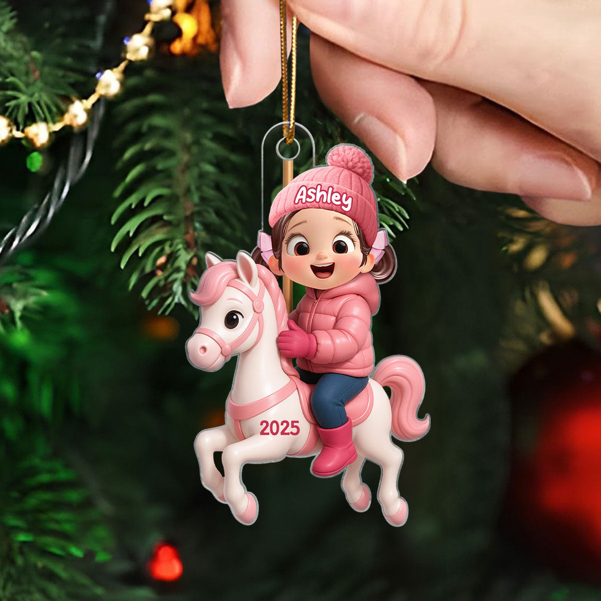 Cute Cartoon Kid On Horse Christmas Personalized Acrylic Ornament, Perfect Chrismas Gift For Kids, Grandkids