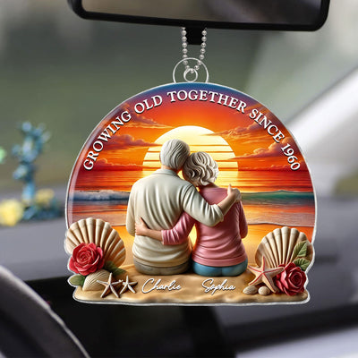 3D Effect Old Couple Sitting Sunset Beach Landscape Personalized Car Hanger Ornament, Heartfelt Gift For Couple, For Him, For Her, Husband, Wife