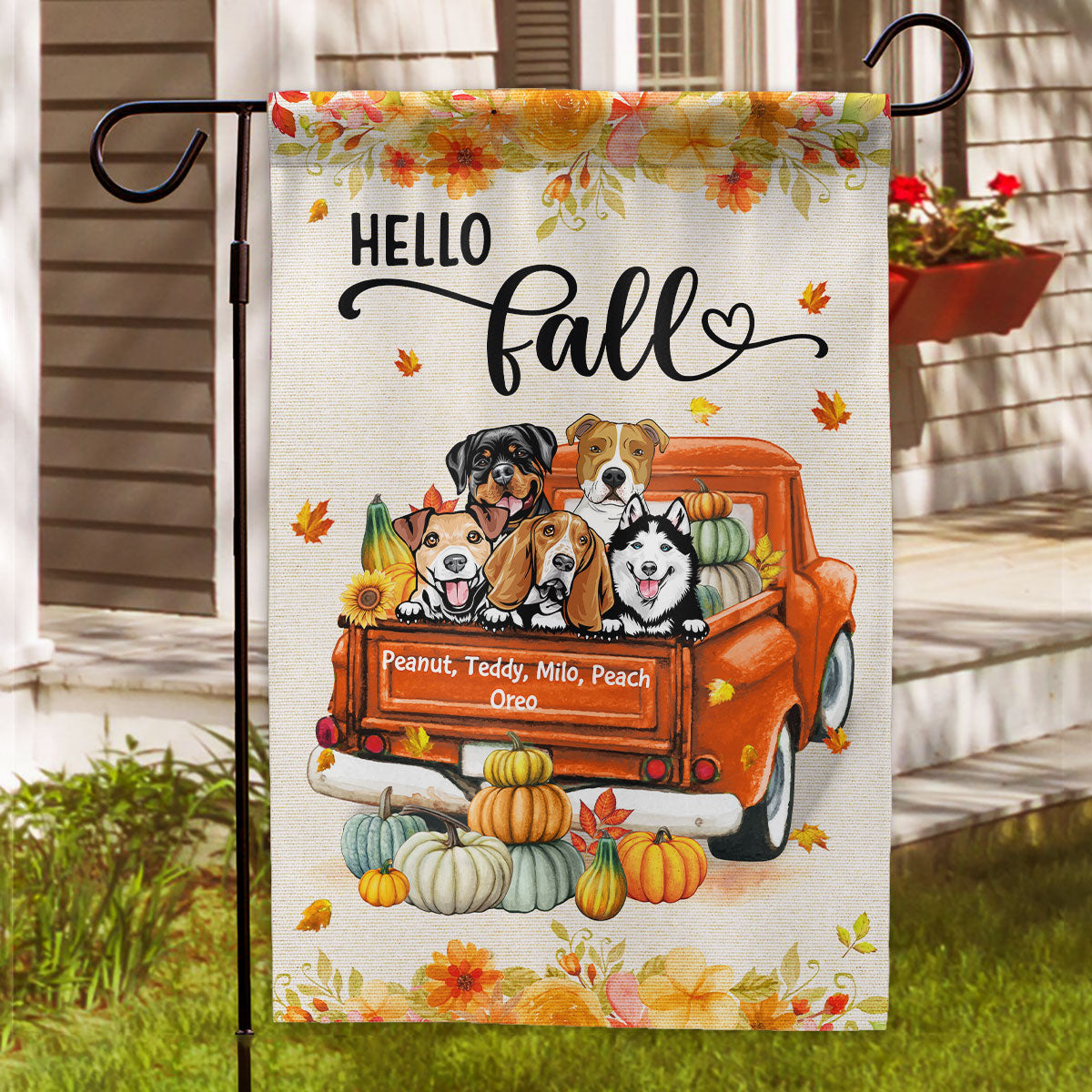 Hello Fall Dogs And Cats On Truck - Personalized Garden Flag